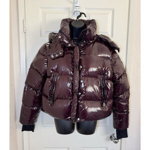 SAM New York S13 Cropped Hooded Tech Puffer Jacket Womens L Burgundy Y2K Gloss
